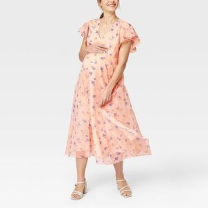 The Nines by Hatch Pink Floral Flutter Sleeve Midi Maternity Dress NWT
